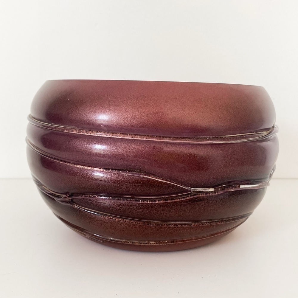 Vintage Handblown Art Glass Bowl – Deep Plum with Textured Ridges
